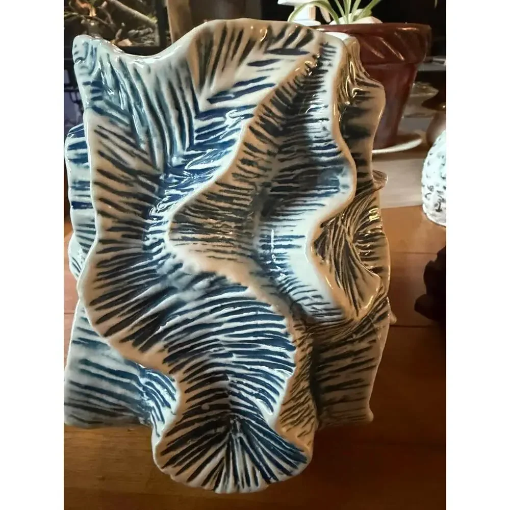 Bloomingville Sculptural Blue & White Ceramic Leaf Vase
